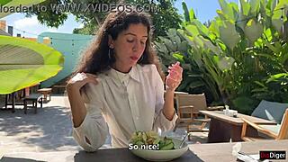 cum on her face at a public cafe during lunch