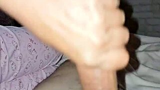 She's tired but strokes my big cock to cum.