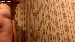 Fucking against the wall in corner with big ass and natural tits