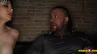 brunette with bald twat and tattooed bf blow minds with oral and rimming!