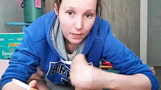 brunette in hoodie sucks cock by bed with neighbors watching