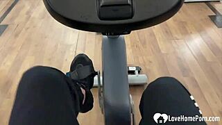 fun sex in the public bathroom with her shaved pussy on her knees bent over the mirror