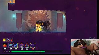 Chubby ebony gamer girl masturbates big tits while playing dead cells.