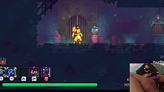 Chubby ebony gamer girl masturbates big tits while playing dead cells.