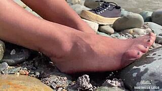 Goddess Teases With Messy Nylon Feet On River Bank