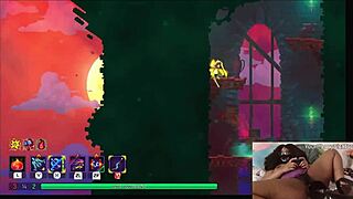Chubby ebony gamer girl masturbates big tits while playing dead cells.