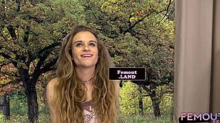 Tattooed trans woman debuts in stockings, first time solo