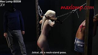 Sadistic guy canes narrow ass of petite blonde babe