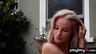skinny blonde teen 18+ roxy shaw strips outdoor, watering her tiny tits.  