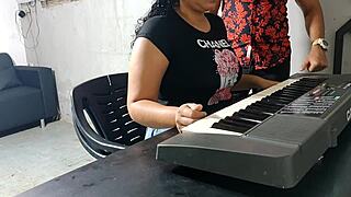 The keyboard teacher punishes his young Colombian student for being undisciplined, bending her over for a hard lesson with riding and blowjob