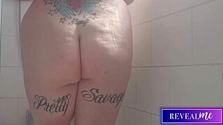 Curvy babe enjoys steamy shower with water jet