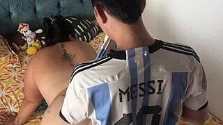 Intimate encounter with stepfather's friend in the bedroom.