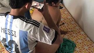 Intimate encounter with stepfather's friend in the bedroom.