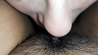 lesbian hairy pussy eating close up, so wet and tasty