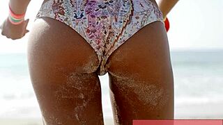Sexy hottie in bikini on the beach with great ass in binaural audio