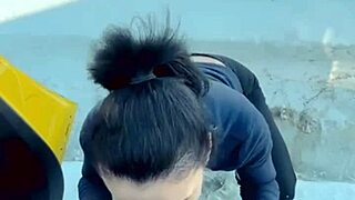 Sucking his cock at -10 degrees, he warms my tongue with hot cum in doggystyle