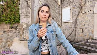 during a romantic outdoor walk, she orgasms with a remote controlled vibrator in her pussy