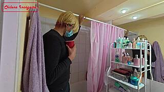 She whispers, 'Let's keep the holiday party going in the bathroom with riding, cowgirl, and cum on tits, even bent over for bisexual fun'