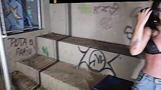 monica lima shows off dogging skills with two guys banging in public square.