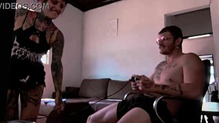 Feeling wet and excited sucking Carmona while playing video game with big ass tattoo
