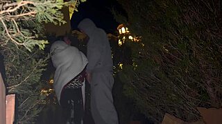 Public creampie adventure unfolds in a steamy outdoor vlog scene.