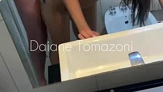 Feeling excited with classmate in dorm bathroom.