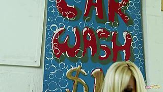 nympho lesbians at the car wash can't control themselves and cum with dildos