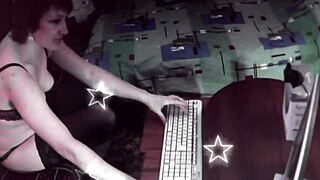 sexy milf fingers herself in bedroom wearing stockings and lingerie