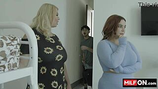 two horny big tit sluts fucking two boys and sucking their monster cocks.