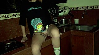 Pretty girlfriend moans as I fuck her hard on the kitchen counter, contrasting college cuteness with intense action
