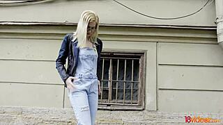 Cumshot on bent over teen's shaved pussy!