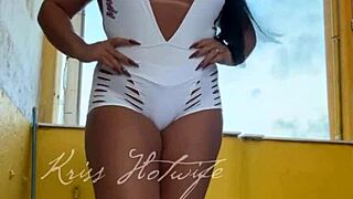 A wife in new short shorts is doing exercises with her friend