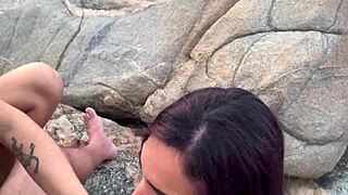 I watch my latina wife get blowjob from big cock outdoors. She has big tits and tattoos.