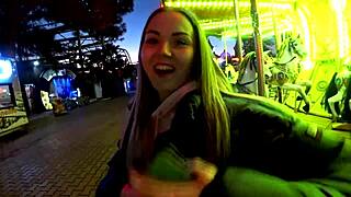 Naughty chick fucks in forest meadow and public spots