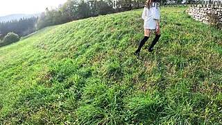 feeling thrilled walking naked in woods, strangers watching my small tits