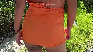 Mexican puta shows tits and ass in public and sucks