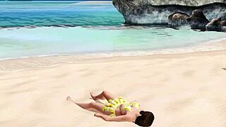 Naotora poses topless on the beach, showing her big tits and ass.