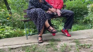 Hot milf works a big dick into a glass in the park on a bench! Wild! 😍