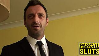 Sub in white fishnet stockings takes a hardcore pounding