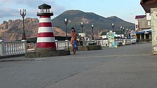 Naughty milf flashes nude in public streets