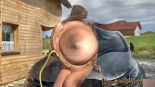 Milf Washes Car in Bikini with Naked Tit Play