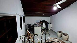 student heads to teacher’s office for a test but ends up seduced. she gives in to his advances at the desk.