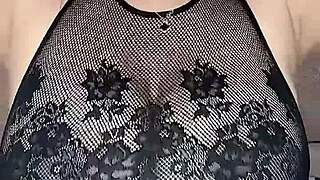 Man fucks huge natural tits from above in stockings