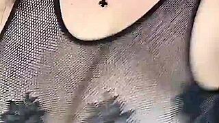 Man fucks huge natural tits from above in stockings