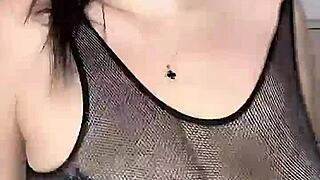 Man fucks huge natural tits from above in stockings