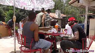 busty babe struggles with gagging on those huge black cocks in blowbang