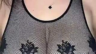 Man fucks huge natural tits from above in stockings