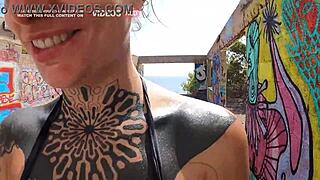 sexy german babe gets facial on ibiza beach.