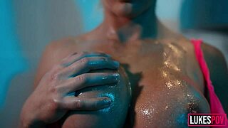 fitness model with big boobs gets oiled up and covered in cum during pov session
