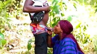 horny african bbw wife meets monster cock in bush and enjoys deepthroat sex with big ass tits.